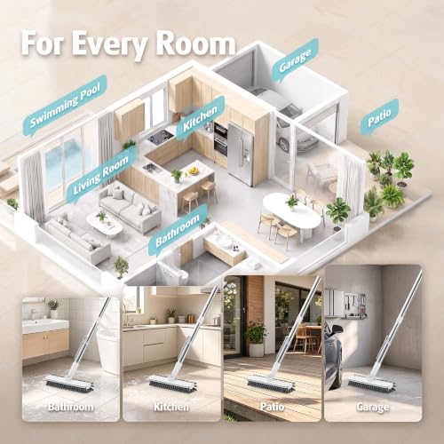 AIR U+ Floor Scrub Brush with Long Handle, 4 in 1 Floor Scrubber & Squeegee - color: White