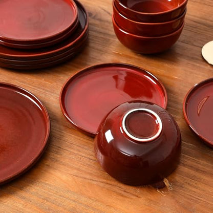 Vicrays Ceramic 12 Pieces Dinnerware Set - Dinner Plates Salad Plates Cereal Bowls Set Service for 4 - Scratch Resistant Microwave Oven Dishwasher Safe - Cherry Red - color: Cherry Red
