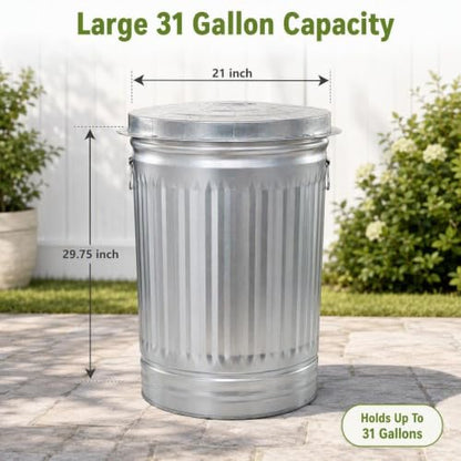 31 Gallon Galvanized Steel Heavy Duty Garbage Can with Lid for Outdoor Use