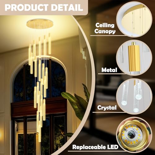 Large 20-Light Gold Crystal Chandelier Modern Dimmable LED Pendant Light Height Adjustable Hanging Fixture for High Ceilings Foyer Staircase Hotel Lobby - color: Gold, size: 20-Light