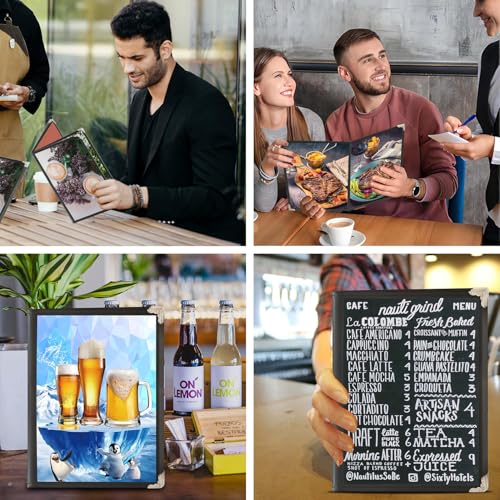 2 Pack Menu Covers 8.5 x 11 Inch, Black Faux Leather Menu Holder, 2 Page 4 View Clear Transparent Restaurant Menu Sleeves for Cafe, Bar, Wedding & Restaurant