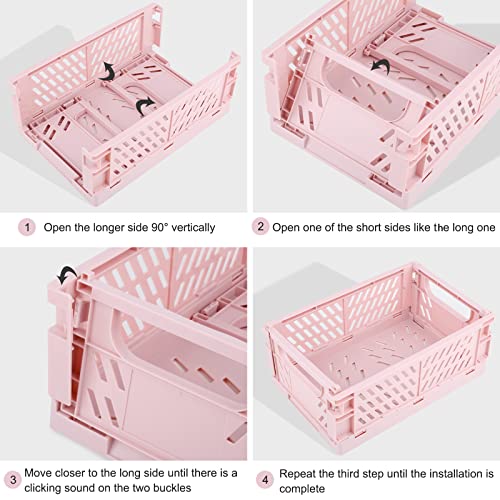 4 Pack Collapsible Small Storage Bins and Baskets, Desk and Locker Organizer Bins, 2 Medium + 2 Small Foldable Plastic Crates for Classroom, Craft and Bathroom(Pink) - color: Pink
