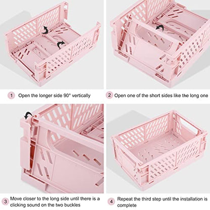 4 Pack Collapsible Small Storage Bins and Baskets, Desk and Locker Organizer Bins, 2 Medium + 2 Small Foldable Plastic Crates for Classroom, Craft and Bathroom(Pink) - color: Pink