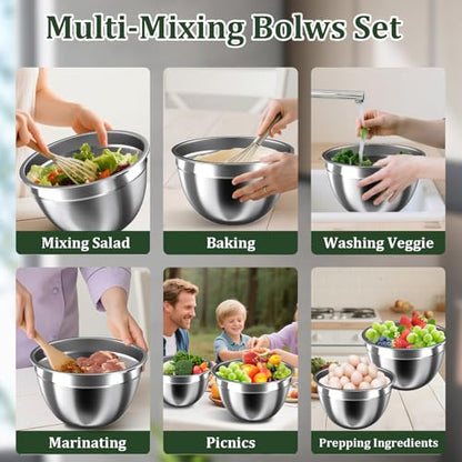 Nicdiet Mixing Bowls with Lids Set, 16PCS Stainless Steel Mixing Bowls,Nesting Storage Bowls for Kitchen with Mixing Bowl, Colander, Strainer & Grater, Metal Salad Bowl for Kitchen Gadgets, Black - color: Jet Black