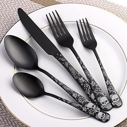 40 Piece Skull Pattern Matte Silverware Set for 8, Black Flatware set Service for 8,Gothic Unique Skull Pattern Design,18/0 Stainless,Satin Finish Cutlery for 8,Dishwasher Safe - color: Matte Black-Skull /40pieces