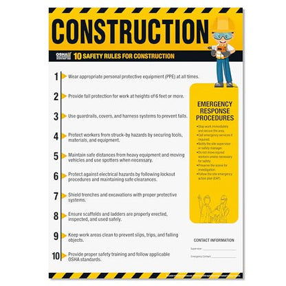 Construction Safety Rules Poster, 18"x24" OSHA Compliant Construction Safe Rules Checklist Guidelines Sign, Safety Awareness Poster for Workplace, Waterproof, Tear-resistant - size: Construction