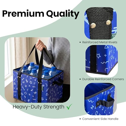 Reusable Grocery Bags (3 Pack) - Heavy Duty Foldable Tote Bags with Long Handles & Hard Bottom - Large Reusable Shopping Bags, Box-Shaped Grocery Totes Hold Up to 65 lbs, Stand Up & Fold Flat - color: Navy Blue
