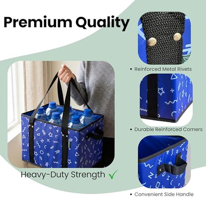 Reusable Grocery Bags (3 Pack) - Heavy Duty Foldable Tote Bags with Long Handles & Hard Bottom - Large Reusable Shopping Bags, Box-Shaped Grocery Totes Hold Up to 65 lbs, Stand Up & Fold Flat - color: Navy Blue