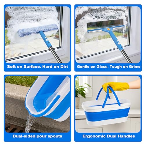 Window Cleaning Kit, Window Washing Kit with 3 Gallon Collapsible Bucket, 14-Inch Squeegee & 15-Inch Scrubber, 76-Inch Extendable Pole, Window Washing Equipment for Home & Commercial (76 inch)
