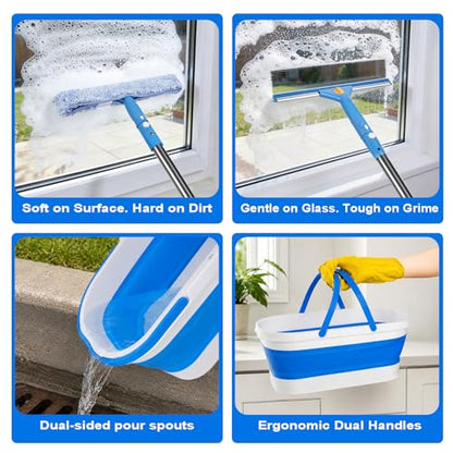 Window Cleaning Kit, Window Washing Kit with 3 Gallon Collapsible Bucket, 14-Inch Squeegee & 15-Inch Scrubber, 76-Inch Extendable Pole, Window Washing Equipment for Home & Commercial (76 inch)