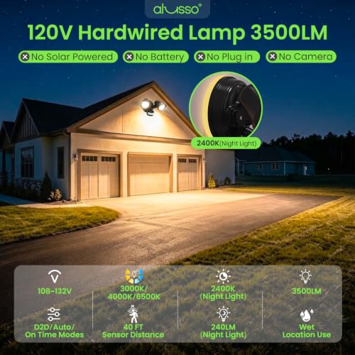 ALUSSO Motion Sensor Outdoor Lights , 30W 3500LM Flood Lights Outdoor 120V - color: Black 3 Modes 30W with Night Light