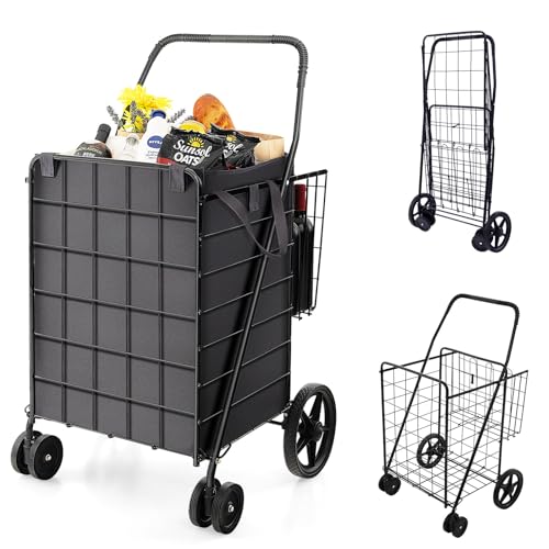 Goplus Folding Shopping Cart for Groceries, Upgraded Jumbo Grocery Cart with Waterproof Liner, 32 Gallon Capacity, 360° Rolling Swivel Wheels and Double Basket, Heavy Duty Foldable Utility Cart - color: Black-upgraded, size: 24"D x 23"W x 40"H