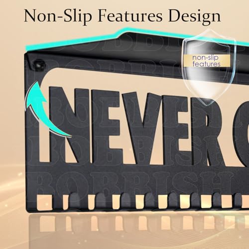 iBobbish Metal Medal Hanger Display,Non-Slip Trophy Shelf with 20 Hooks,Wall Mount,Heavy Duty,Non-Bent,Holds 22-33lbs,for Gymnastics,Race,Soccer,Swim - color: Black, style: NON-SLIP NEVER GIVE UP