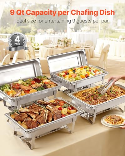 VEVOR Rectangle Chafing Dishes, 9 Qt 4 Pack Stainless Steel Chafing Dish, Food Warmer Chafer Complete Set with Hollow Handle, 2 Food Tongs, Lid, Canister Holder, Chafer Dishes for Banquet Wedding - size: 4 PACKS