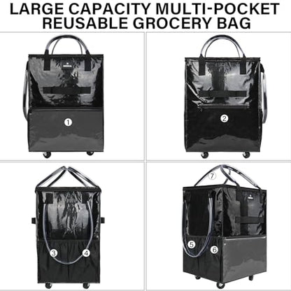 Reusable Grocery Bag On Wheels, 70L Foldable Rolling Tote with 6 Pockets - color: Black, size: Medium