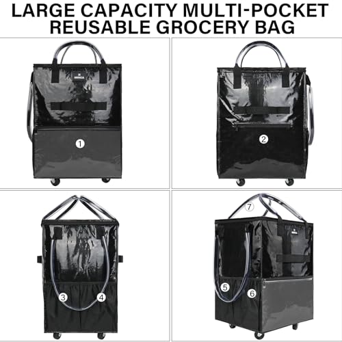 Large Reusable Grocery Bag On 5 Wheels, 130L Foldable Rolling Tote Bag - color: Black, size: Large