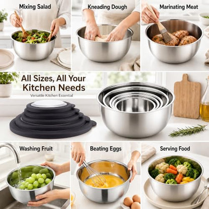 E-far Mixing Bowls with Lids Set of 5, Stainless Steel Nesting Salad Bowls - color: Black