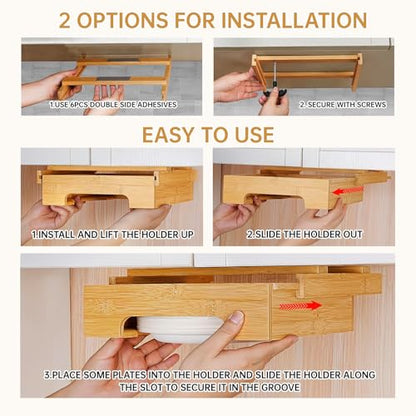 Paper Plate Dispenser - 9 inch Bamboo Paper Plate Dispenser Under Cabinet, Kitchen Counter Vertical Paper Plate Holder Organizer Countertop Caddy (Bamboo) - color: Natural, size: 9 Inch