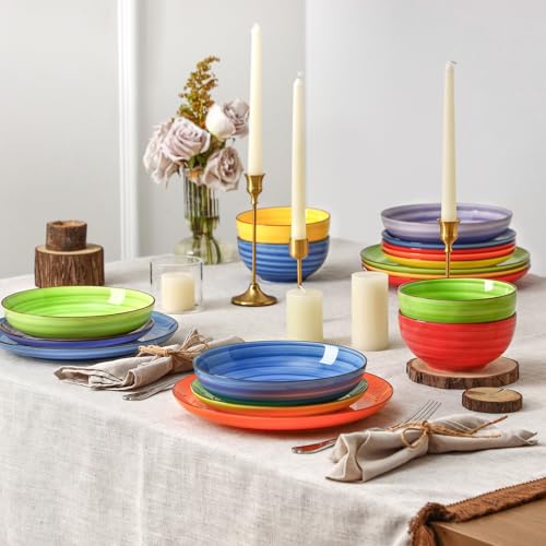 Selamica Ceramic Plates and Bowls Sets,24 Pieces Dinnerware Sets for 6,Scratch Resistant Dish Set for holiday gathering,Dishwasher & Microwave Safe, Dopamine - color: Dopamine, size: Service for 6 (24 Pcs)