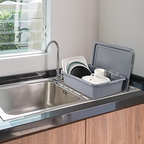 3-Pack 13 L Plastic Commercial Tote Box with Lid, Bus Tubs, Gray - color: gray, size: 13 L