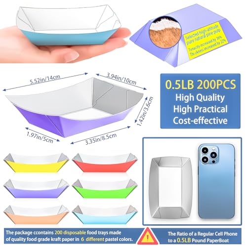 200 Pack Colorful 1/2Lb Paper Food Boat Trays Disposable Small Paper Boats Plates Containers, 0.5Lb Mini Kraft Food Serving Boat Tray Bowl for Snack Dessert Popcorn Sauce BBQ Fries Taco Nacho - style: 0.5LB-200Pack