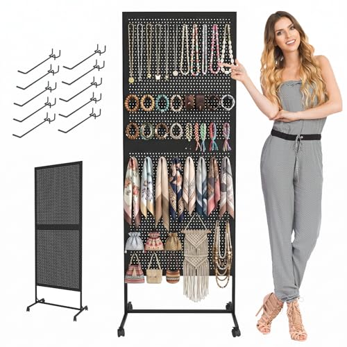 Arbuxzuy 10 Hooks Metal Standing Pegboard Display Stand with Wheels