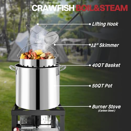 50QT Crawfish Boiler | Stainless Steel Seafood Boil Pot with Basket - size: 50QT+Cover+Skimmer