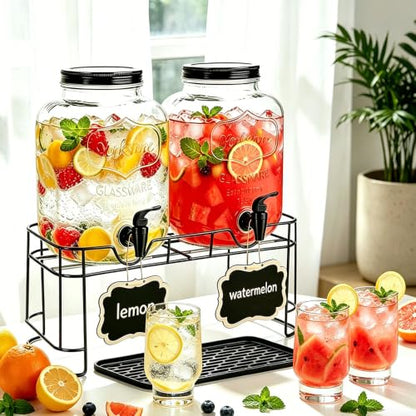 2 Pack 1.5 Gallon Large Glass Beverage Dispenser for Parties, Drink Dispenser with Stand, Lemonade Dispenser with Drip Tray for Iced Tea, Juice & Infused Water