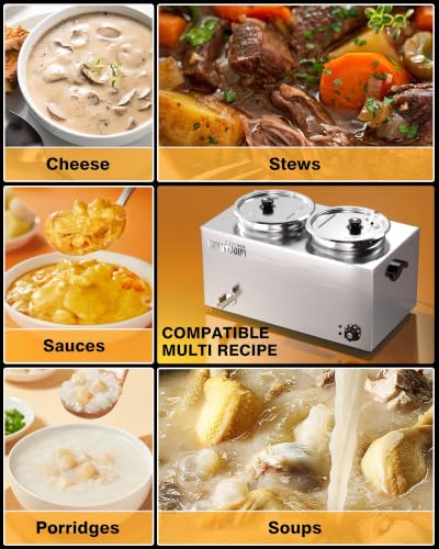 WantJoin Commercial Soup Warmer - 20 QT Electric Steam Table Food Warmer, Stainless Steel Bain Marie Warmer with 2 Round Pots, 1500W Countertop Food Warmer for Buffet Restaurant Catering - size: 2 Round Pots-11.6QT