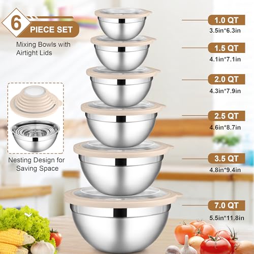 LIANYU 6 PCS Stainless Steel Mixing Bowls with Visible Lids for Cooking - color: Khaki, style: Atlas Base with Visible Lids