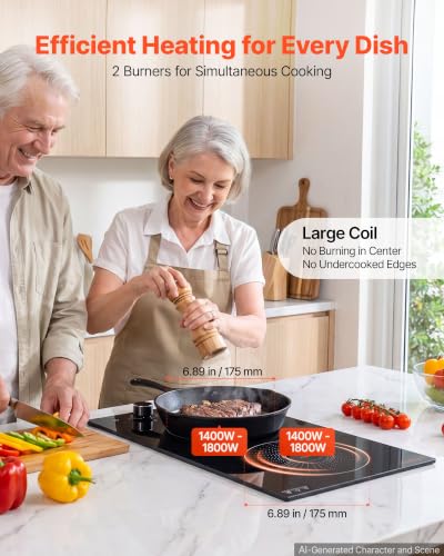 VEVOR 12 Inch Induction Cooktop 2 Burners,Built-in Electric Stove Top,Knob Control,Ceramic Glass Surface,Low-Power Continuous Heating,11 Power Levels,Child Lock,1800W,110V No Plug - size: 12IN-knob