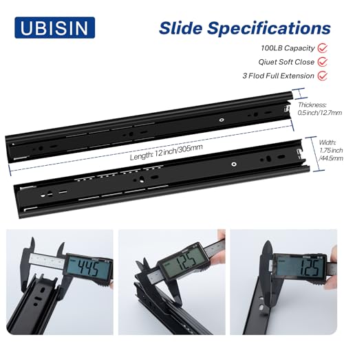 Black Heavy Duty Drawer Slides 12 Inch 1 Pair Side Mount 100LB - size: 12 Inch
