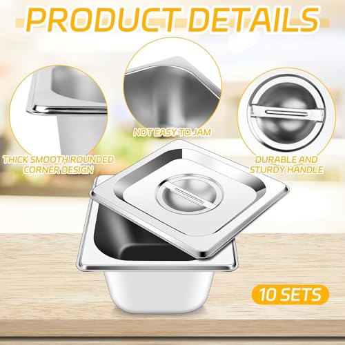 10 Set Stainless Steel Hotel Pans with Lids 1/6 Size 4 Inch Deep Steam Table Pans Food Containers Catering Food Storage Metal Pan Lid Anti-Jam Steam Pan Cover for Commercial Restaurant Hotel Buffet