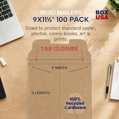BOX USA Rigid Mailers 9" x 11" (100-Pack) - Kraft Mailer Envelopes for Photos, Certificates, Documents - Stay Flat - size: 9" x 11" (100-Pack)