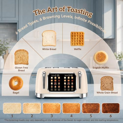 Retro 4 Slice Toaster Touch Screen with Wide Slots, Cream Color - color: Cream