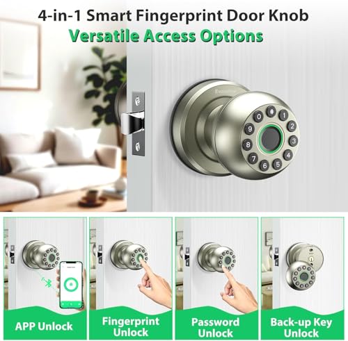 Smart Door Knob Fingerprint Door Lock 4-in-1 Keyless Entry (Fingerprint/App/Code/Key) with Auto-Lock Easy Install for Home/Bedroom/Office-Silver - color: Silver