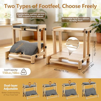 Double Step Foot Rest Under Desk, 8-Level Dual Adjustable Under Desk Foot Rest– 4 Height + 4 Angle Settings, Ergonomic Leg Rest with Cushion for Posture Support, Home Office & Gaming, Natural Wood