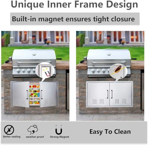 Outdoor Kitchen Doors, 42x21 Inch 304 Stainless Steel BBQ Access Door with Vent, Double Steel Doors for Outdoor Grill Island - size: 42W x 21H