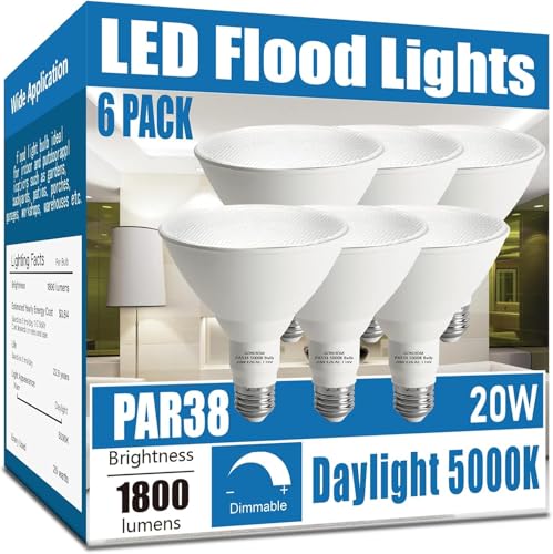 Gonhom Par38 led Flood Lights Outdoor Light Bulb,Dimmable 1800LM,20W Replace up to 200W,Outdoor Flood Light Bulbs for Backyard,Garage,Porch,Garden,6 Pack 5000K Daylight - color: 5000k, size: 6 Pack