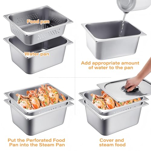 3 Pack Full Size Hotel Pan Set with Lid - Perforated Steam Table Pan, Restaurant Supplies for Kitchen, Steam Table Tray for Food Warmer (1/2 Size 4 Inch, 6 Inch) - size: Half Size 4 Inch, 6 Inch