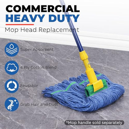 Onesimus 28 oz Heavy Duty Mop Head Replacement, 5 Inch Headband for Quick Change Handle, Blue Loop-End Cotton Blend String Wet Dry Floor Mop Refill Commercial Cleaning Supplies, 6 Pack X-Large - size: 6 Pack (X-Large)