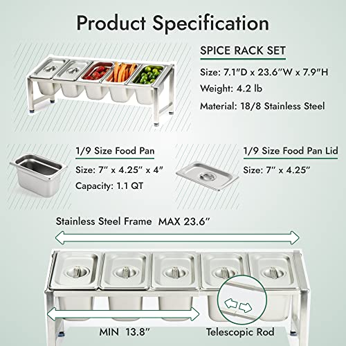 CURTA Expandable 18/8 Stainless Steel Spice Rack Set, NSF Certified, 1-Tier Inclined Organizer Shelf with 5 1/9 4“ Pan&Lid, 13.8" - 23.6" Adjustable, Countertop Holder for Seasoning Ingredients - size: 5 Pan Stainless Steel