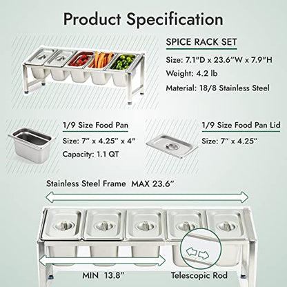 CURTA Expandable 18/8 Stainless Steel Spice Rack Set, NSF Certified, 1-Tier Inclined Organizer Shelf with 5 1/9 4“ Pan&Lid, 13.8" - 23.6" Adjustable, Countertop Holder for Seasoning Ingredients - size: 5 Pan Stainless Steel