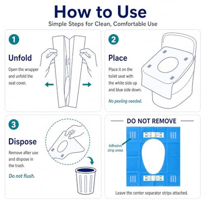 50 Count Disposable Toilet Seat Covers with Secure Adhesive Tabs for a Non-Slip Fit - XL Extra Large, Waterproof, Individually Wrapped for Travel, Kids, Adults, and Public Restrooms