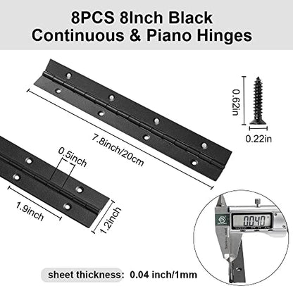 8 Pack 8 Inch Piano Hinge, Heavy Duty Continuous Hinge with Holes for Cabinets Boat Marine Door, 304 Stainless Steel 0.04" Leaf Thickness 1.2'' Open Width (Black) - size: 8 Inch
