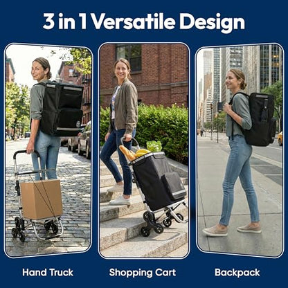 Foldable Stair Climbing Shopping Cart with Wheels – 3-in-1 Grocery Trolley, Backpack & Hand Truck – Lightweight Aluminum Frame, Waterproof Insulated Bag, Side Pockets – Cart for Groceries & Laundry