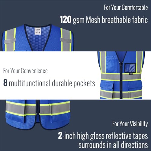 JKSafety Safety Vest for men women Hi Vis Vest with Pockets and Zipper High Visibility Reflective Vests BX320 - color: Blue, size: X-Large