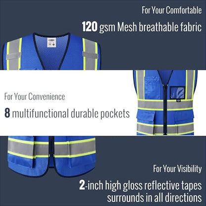JKSafety Safety Vest for men women Hi Vis Vest with Pockets and Zipper High Visibility Reflective Vests BX320 - color: Blue, size: Large