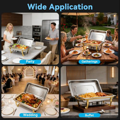 9QT Chafing Dishes for Buffet 4 Pack with 4 Full-Size Pans, Gold