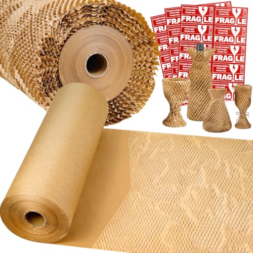Honeycomb Packing Paper, 15" x 400' Recyclable Brown Filler Paper with Cushion Protection, for Moving,Shipping,Gift Wrapping,Brown Packing Paper,with 30 Fragile Sticker Labels